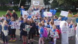 Wellington schoolchildren protest outside Parliament Photo: RNZ / Mei Heron