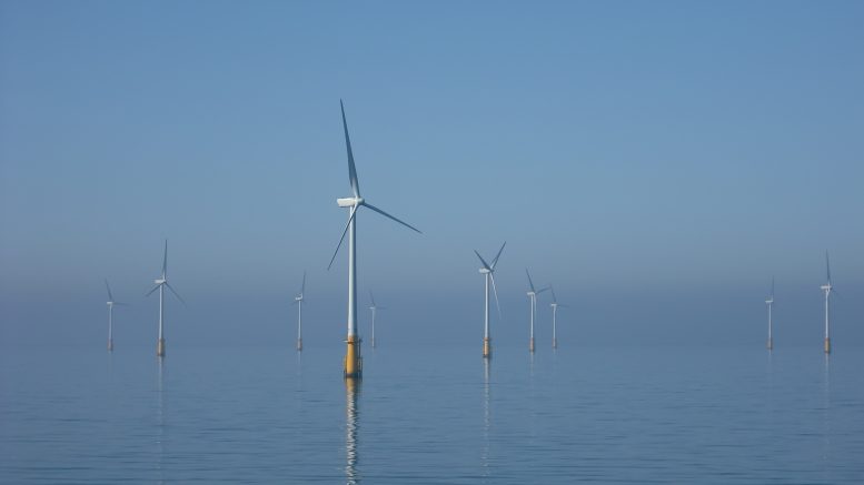Offshore wind turbines at Barrow Offshore Wind Farm, off Walney Island in the Irish Sea. Photo credit: Andy Dingley (Wikimedia)